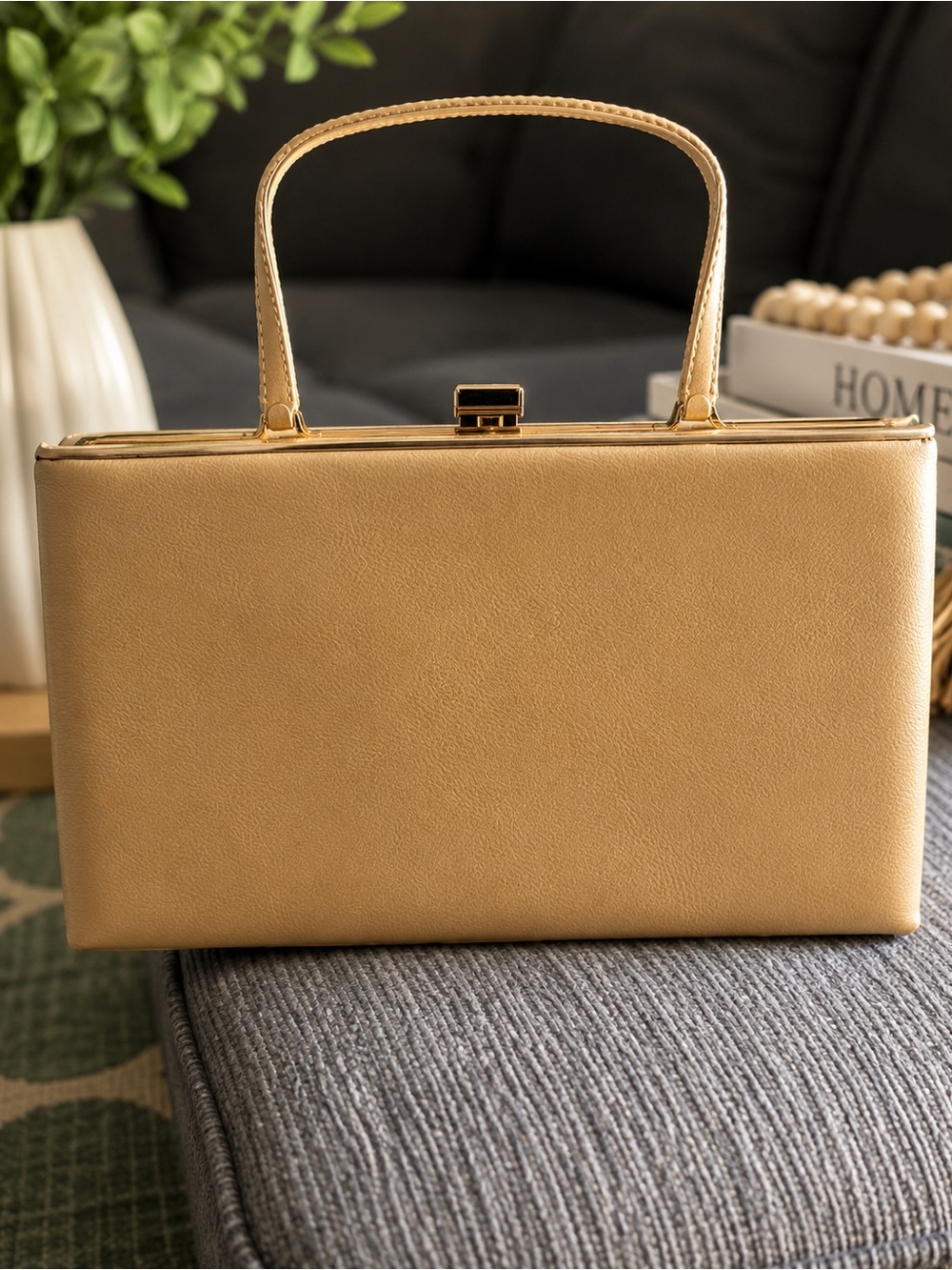 Gold Structured Top-Handle Clutch for Women